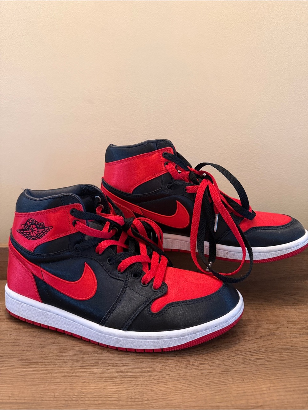 Nike Air Satin Red and Black High-Top Sneakers - Classic Swoosh Design